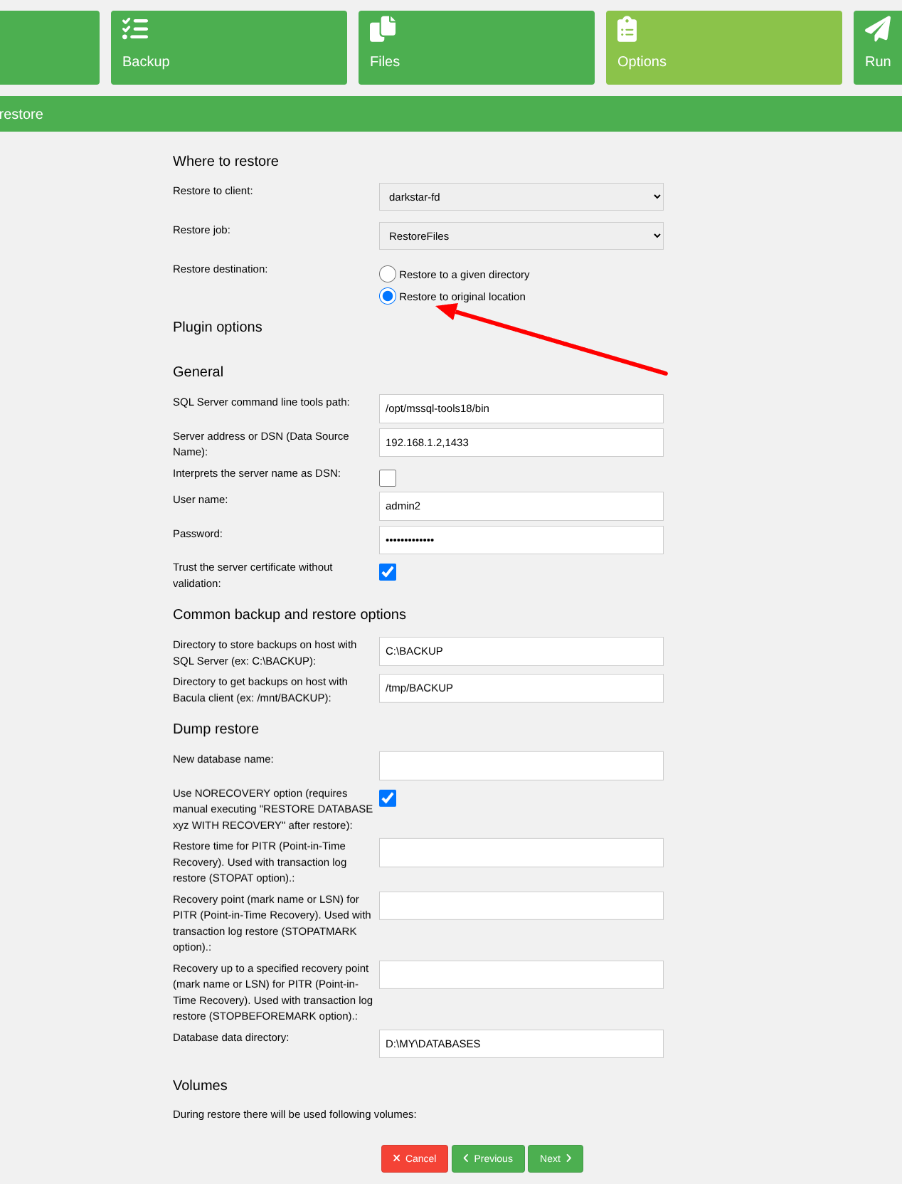 Bacularis SQL Server plugin data restore directly to the database server