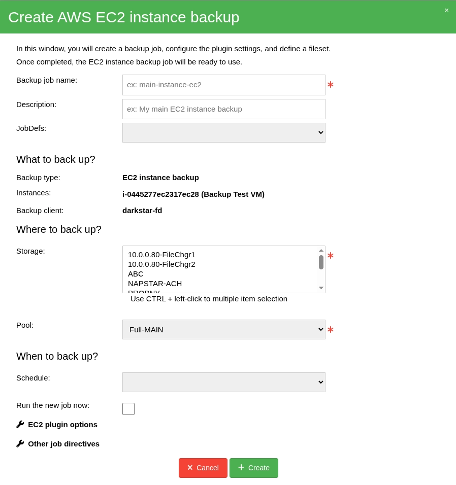 Bacularis Amazon EC2 backup settings window