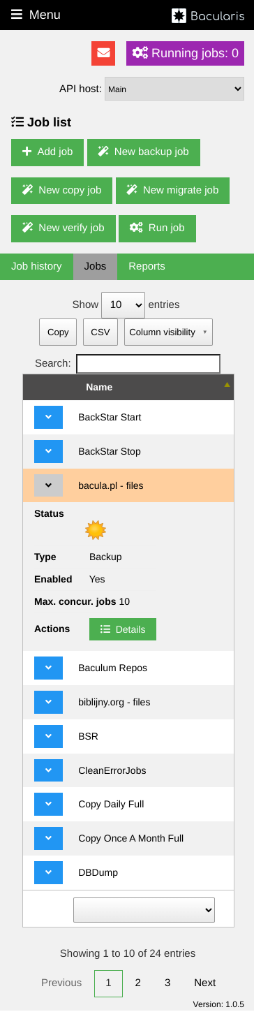 Bacularis - responsive Bacula user interface - job list